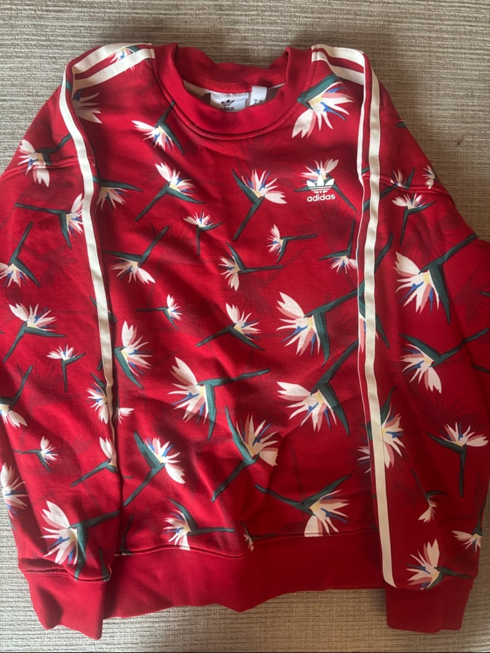 adidas Red Floral-Print Crewneck Sweatshirt with White Stripes